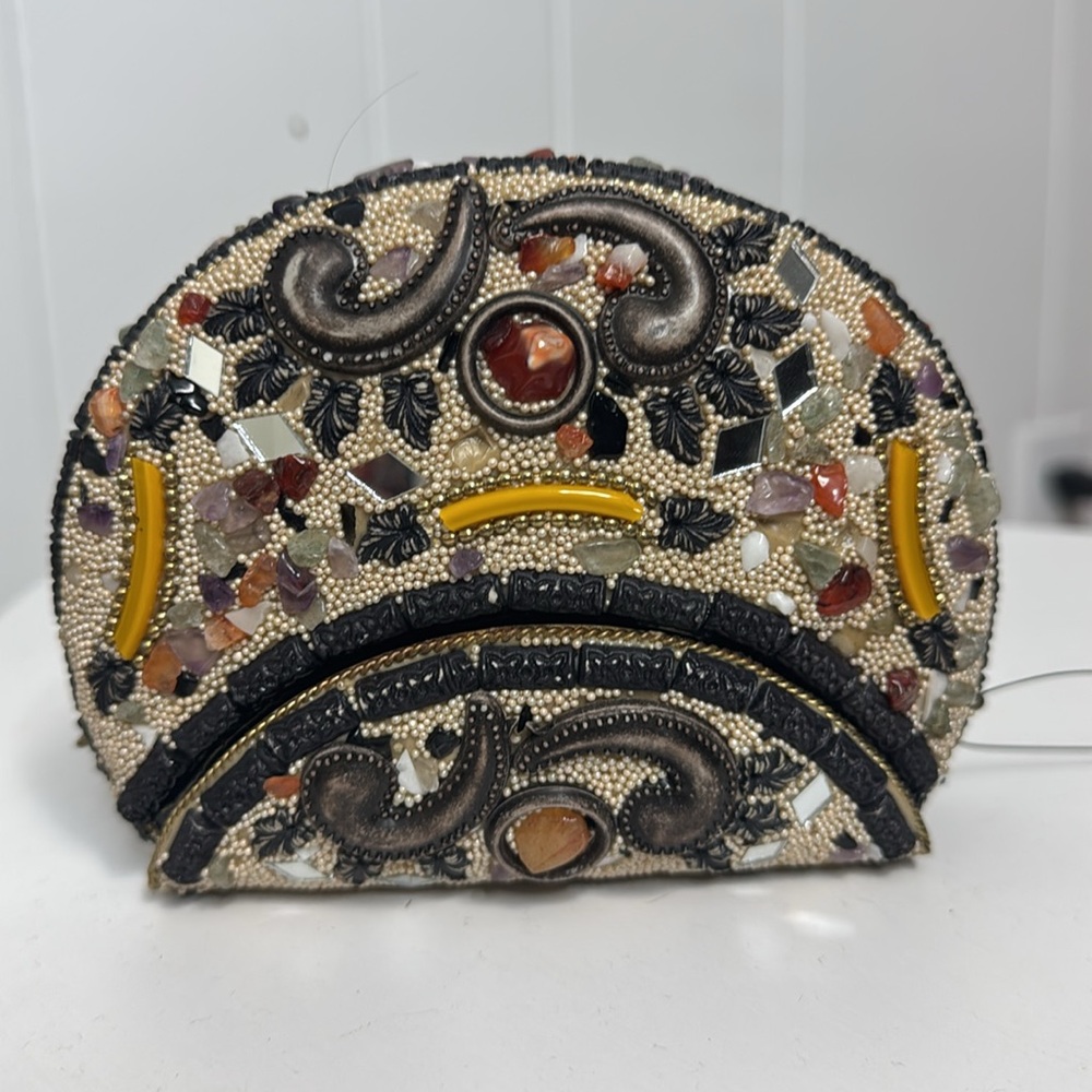 Small metal beaded clutch purse bag with gold chain strap